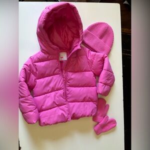 The Children’s Place 3 T Pink Puffer Jacket Full Zip W/ Hat and Gloves